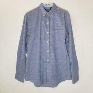 IZOD Mens M Long Sleeve Button Down Blue White Checker Business Dress Shirt